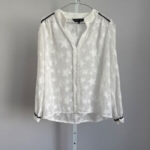 Sister Jane White Star Sheer Blouse Women's Top M Long Sleeve Button Down Office